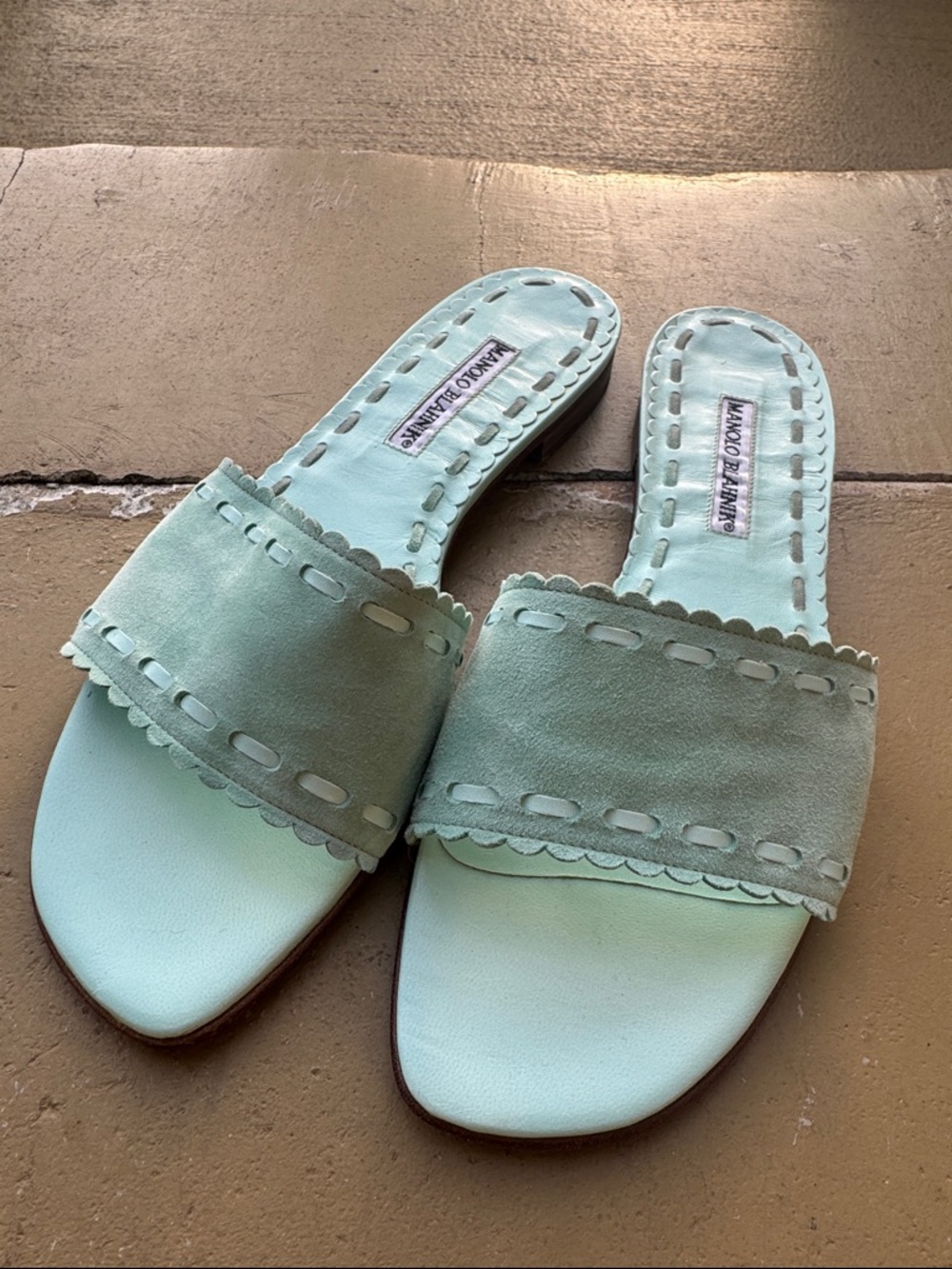 Manolo Blahnik Mint Suede Slide Mules